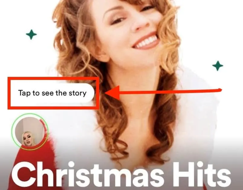 Festive woman smiling with Christmas theme, "Tap to see the story" message, holiday music promotion, Christmas hits playlist,
