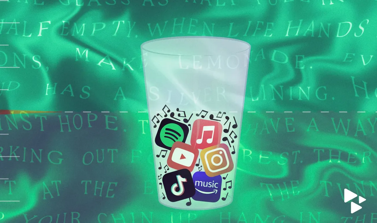 Music streaming apps icons inside a glass with musical notes, representing digital music consumption, on a green abstract bac