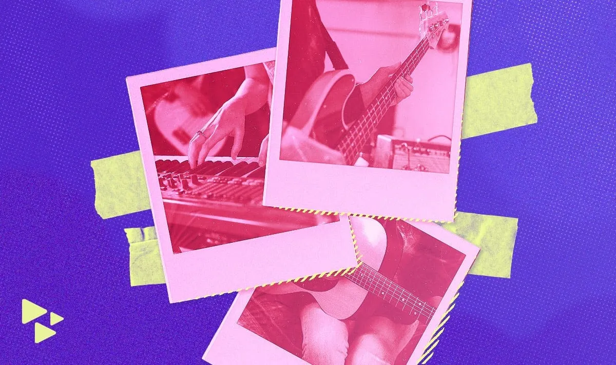Polaroid style photos of musicians playing guitars and keyboards, vibrant pink and purple overlay, music creativity, live per