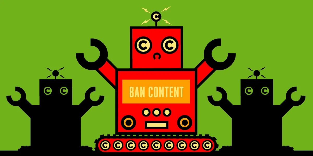 Ban content robot blocking automated moderation, cartoon style illustration with robots on green background, digital art for