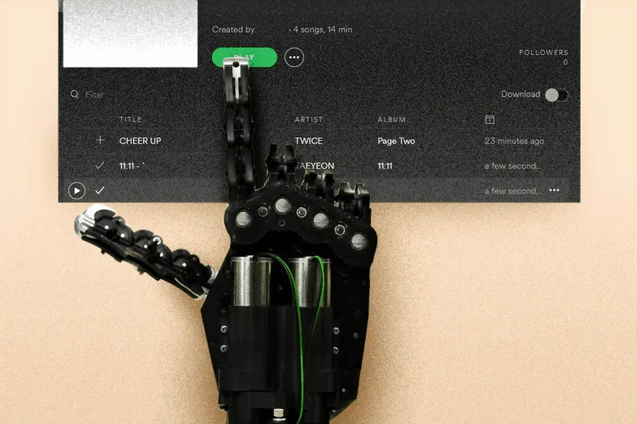 Robotic hand creating digital music playlist on screen, AI-generated music curation, music industry technology innovation, mu