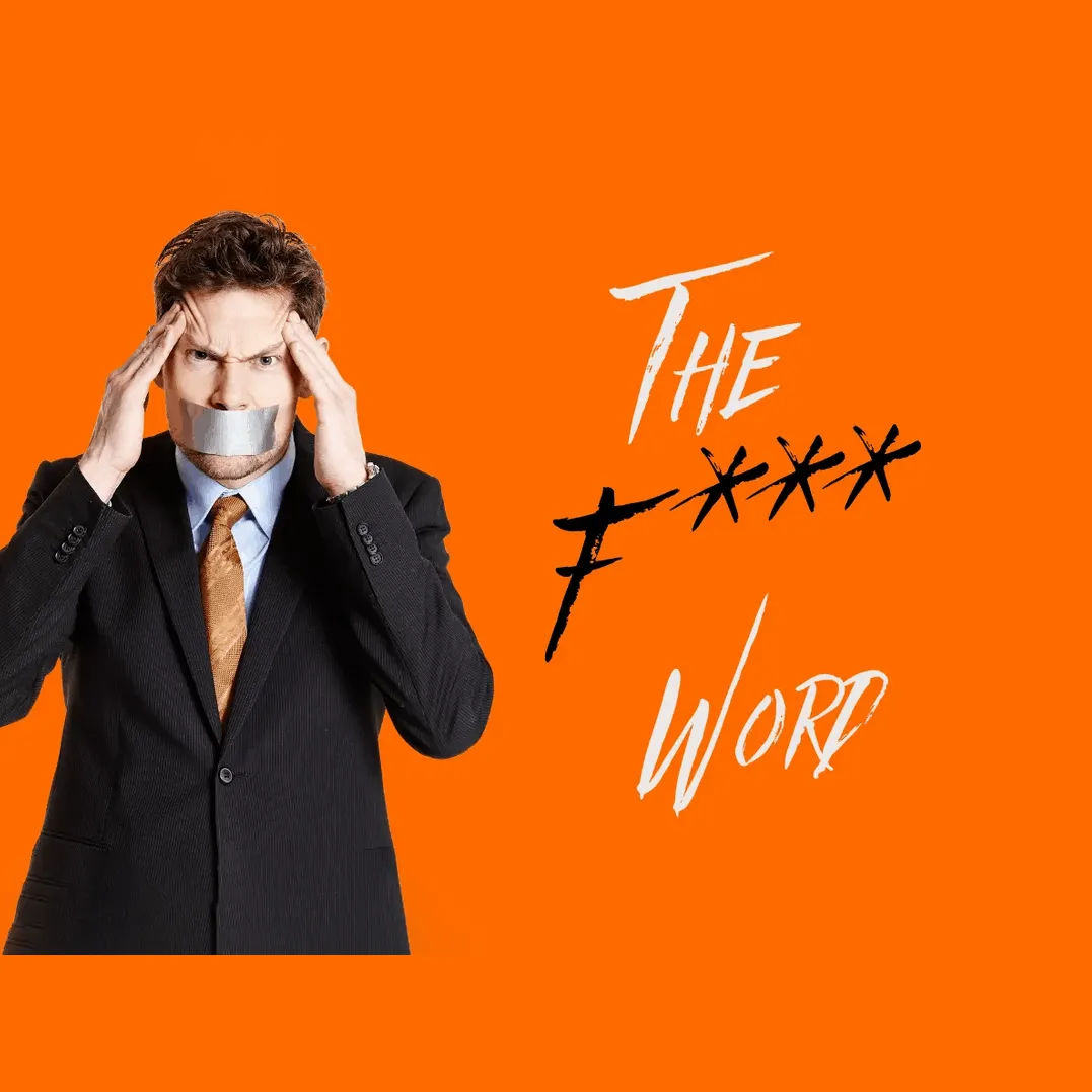 Anger management stock photo of frustrated businessman with duct tape over mouth on orange background for mental health aware