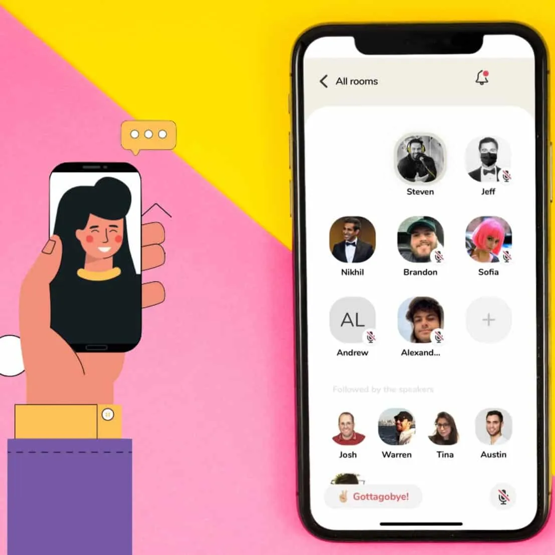Mobile app screenshot showcasing virtual rooms and participants for music collaboration and networking.