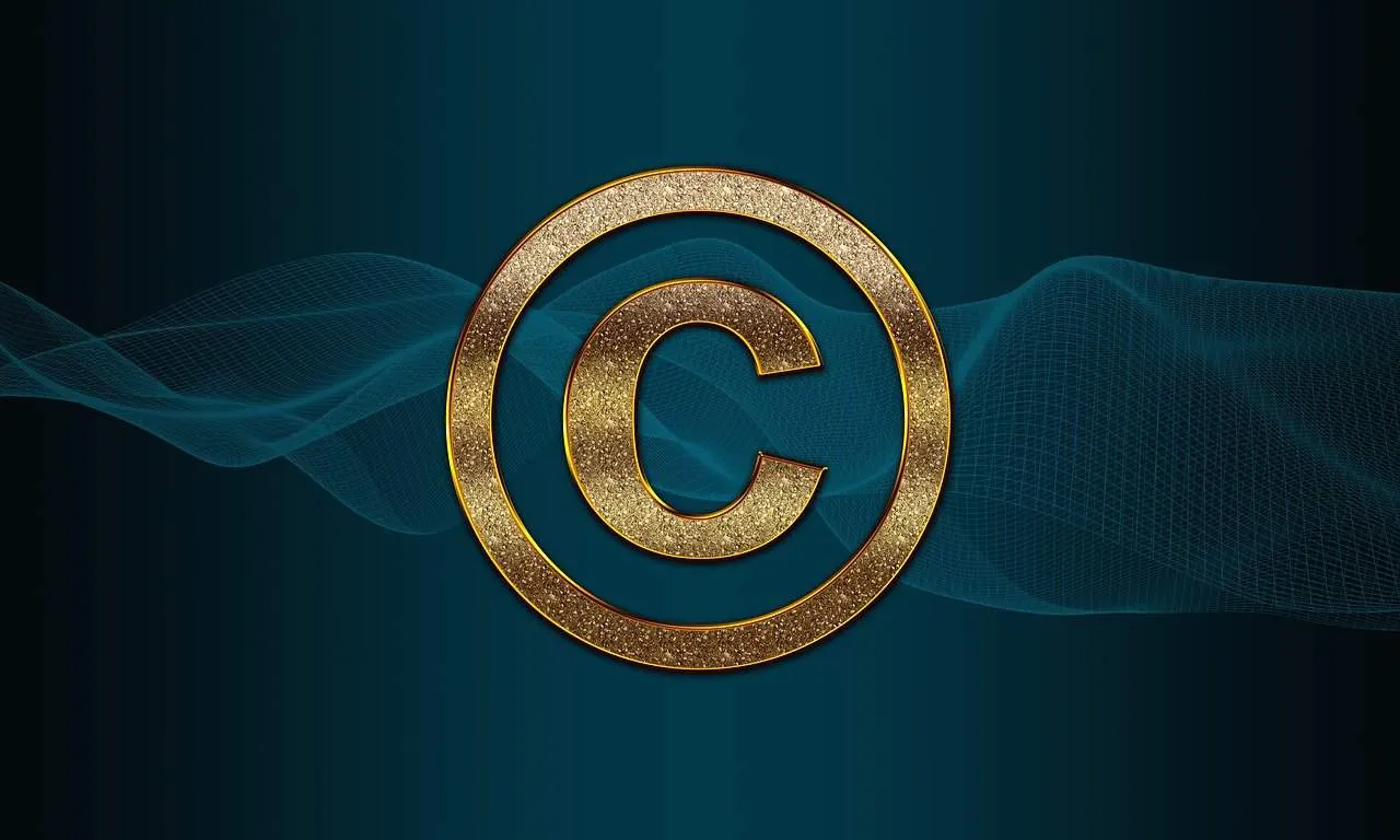© copyright symbol with a glittery gold texture on a dark background with blue wave-like digital lines.