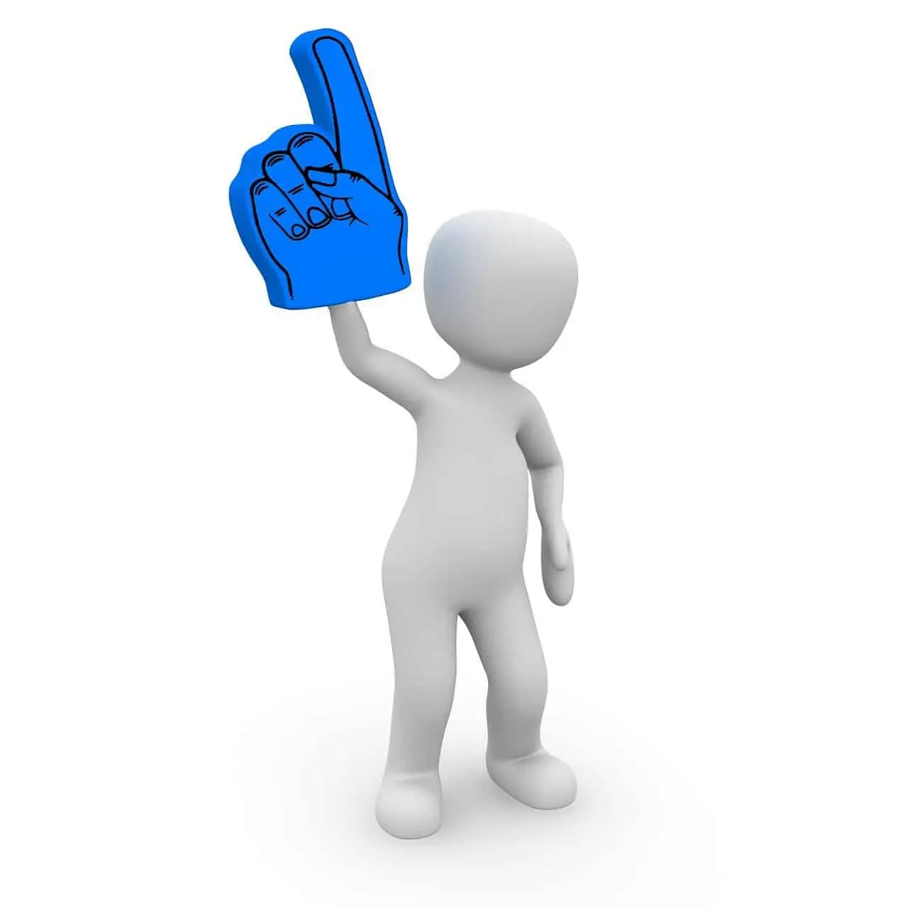 Fingers crossed icon with a 3D humanoid figure raising a blue foam finger for success, symbolizing optimism and encouragement