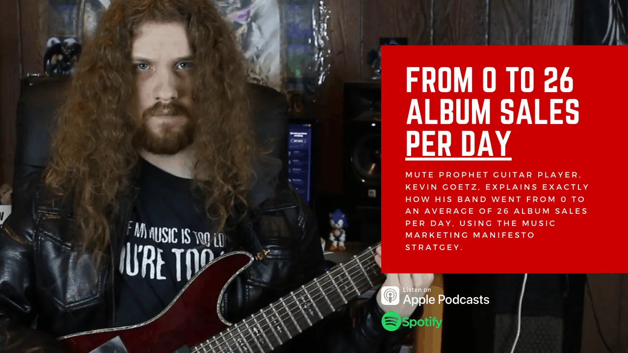 Guitarist with long curly hair and leather jacket playing electric guitar in a music studio with bold red graphic overlay abo
