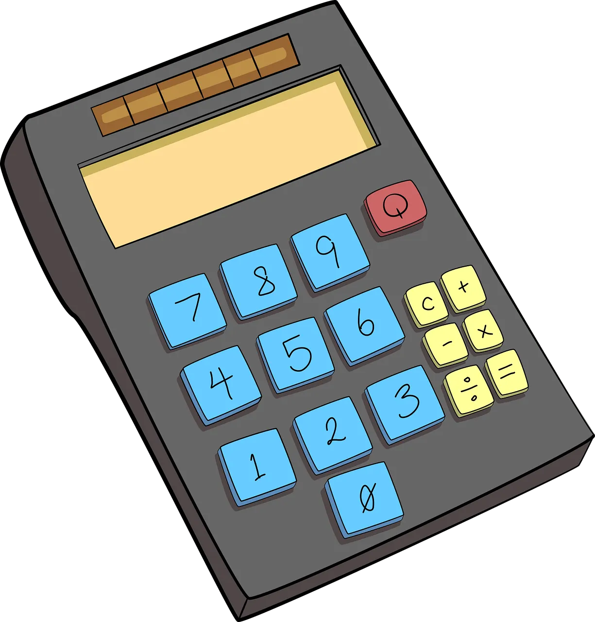 Calculator with colorful number buttons and display screen for financial or accounting tasks, digital calculator illustration