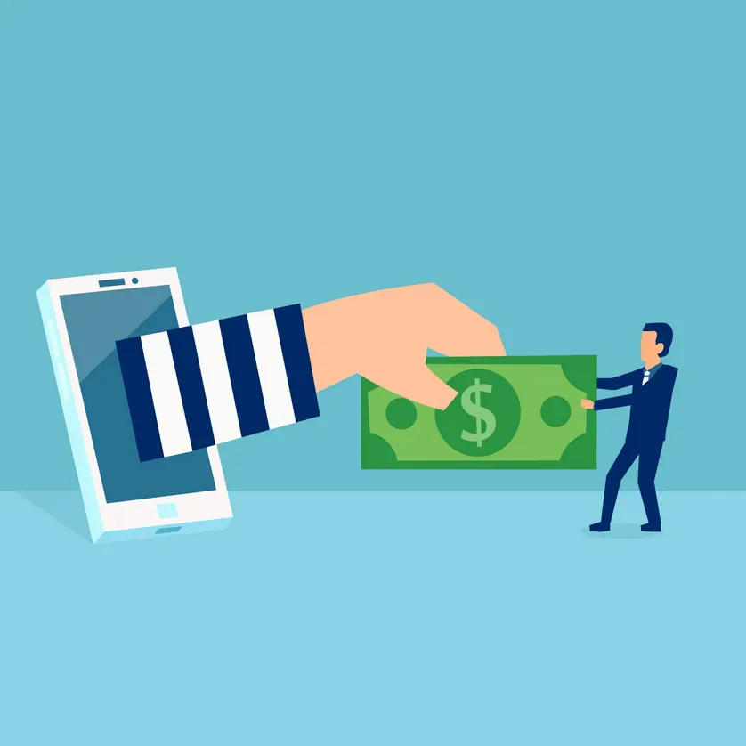 Hand extending from smartphone giving money to a businessman holding a dollar bill in a digital transaction, representing onl