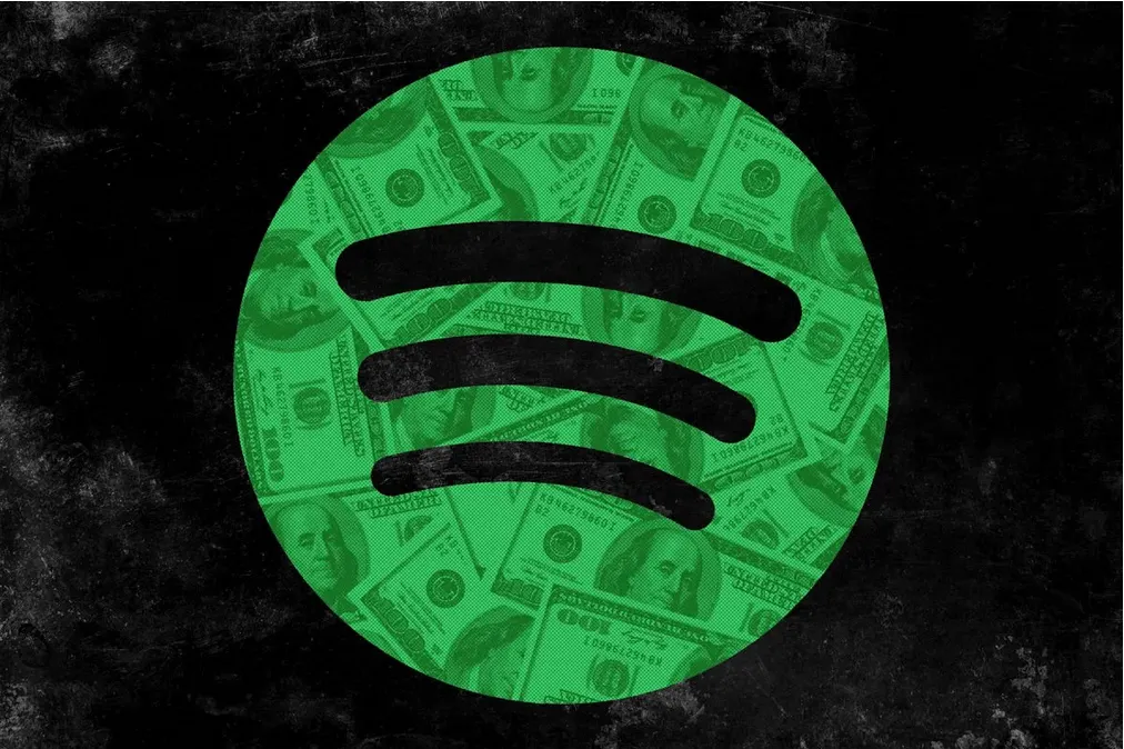 Money-themed Spotify logo with dollar bills background, highlighting music monetization, streaming revenue, and digital music