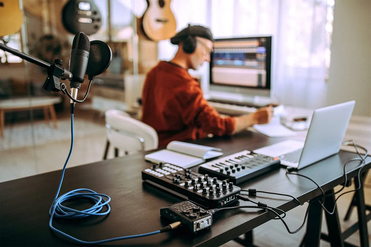 Recording studio setup with music production equipment and a musician working on a laptop, perfect for music industry and aud