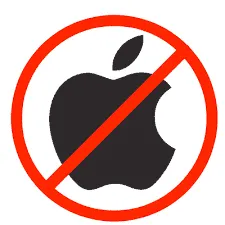 No Apple logo with a prohibition sign, symbolizing restriction or disapproval of Apple products.