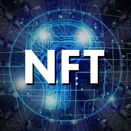 NFT digital technology concept with circuit board and brain imagery, representing blockchain, cryptocurrencies, and digital a