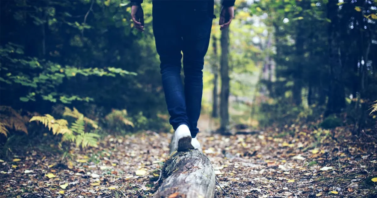 Walking person balancing on log in forest nature trail during daytime.