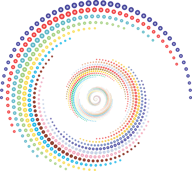 Colorful spiral pattern made of multicolored dots, representing digital art or abstract design for online media, music platfo