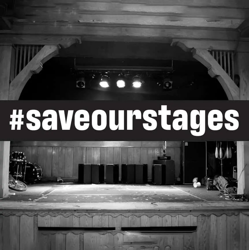 Save your stages concert venue, music performance, hashtag banner on empty stage, black and white, acoustic or live music sce