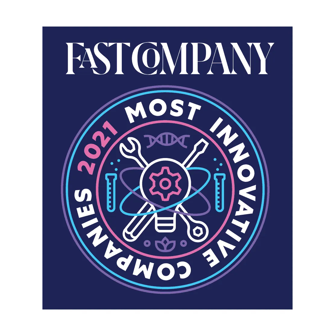 Innovative science and technology emblem celebrating the 2021 Most Innovative Companies by Fast Company, featuring digital gr