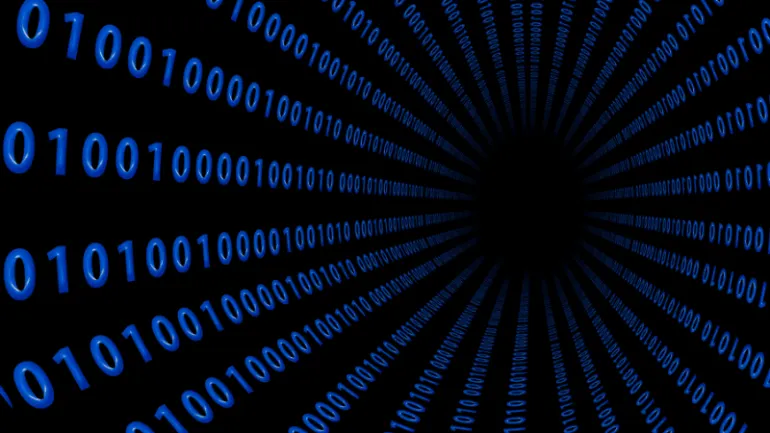 "Digital data stream represented by binary code in a tunnel-like visualization, emphasizing music industry analytics, digital