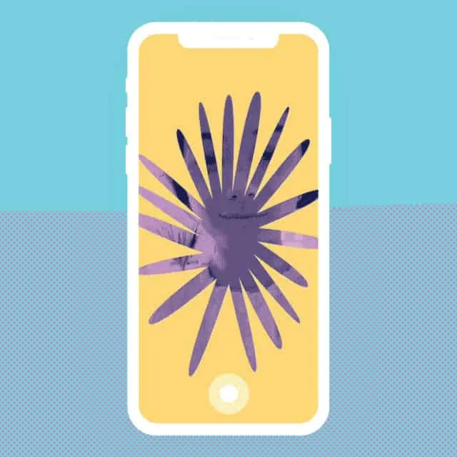 A purple hand reaching out from a smartphone screen; digital art representing social media or digital engagement.