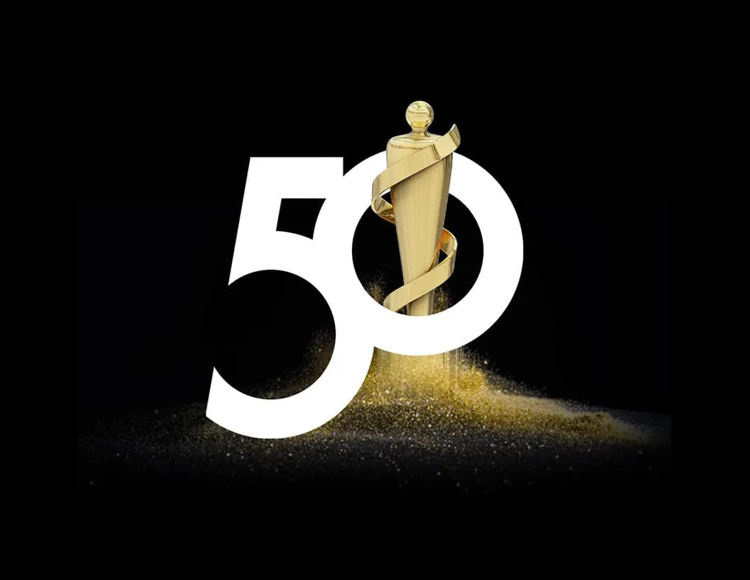 Golden award trophy intertwined with the number 50, celebrating a milestone achievement in the music or entertainment industr
