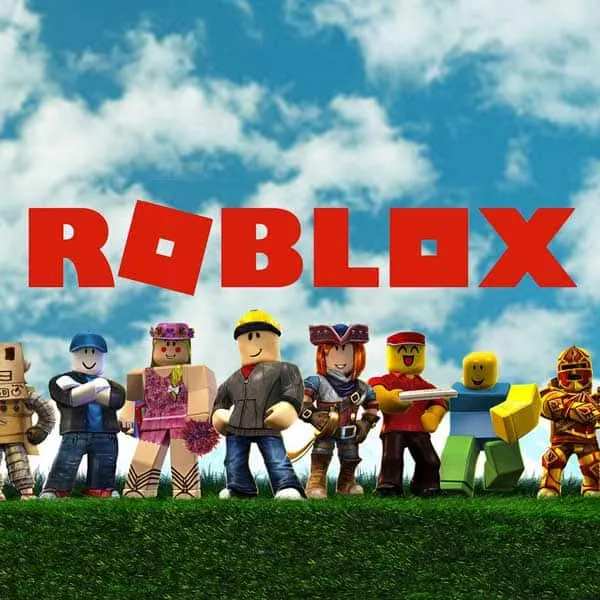 Roblox characters with the Roblox logo flying high in the sky, showcasing popular gaming avatars and vibrant colors, perfect