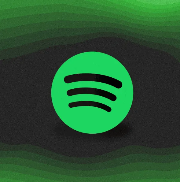Spotify logo on dark background with green gradient waves, music streaming service icon for music industry, digital audio pla