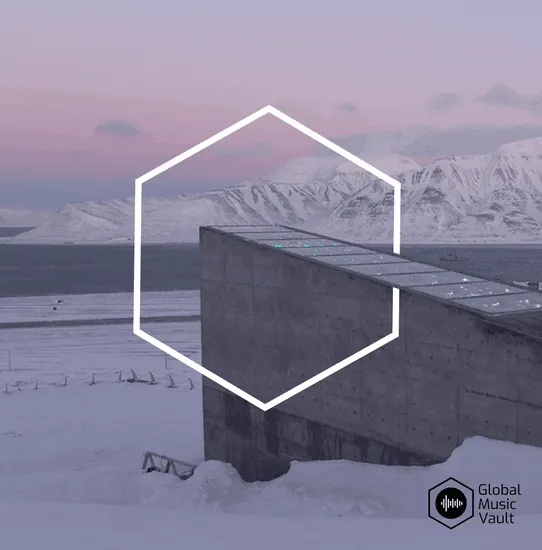 Deep frozen landscape with a modern structure, snowy mountains in the background, and digital graphic overlay, representing i