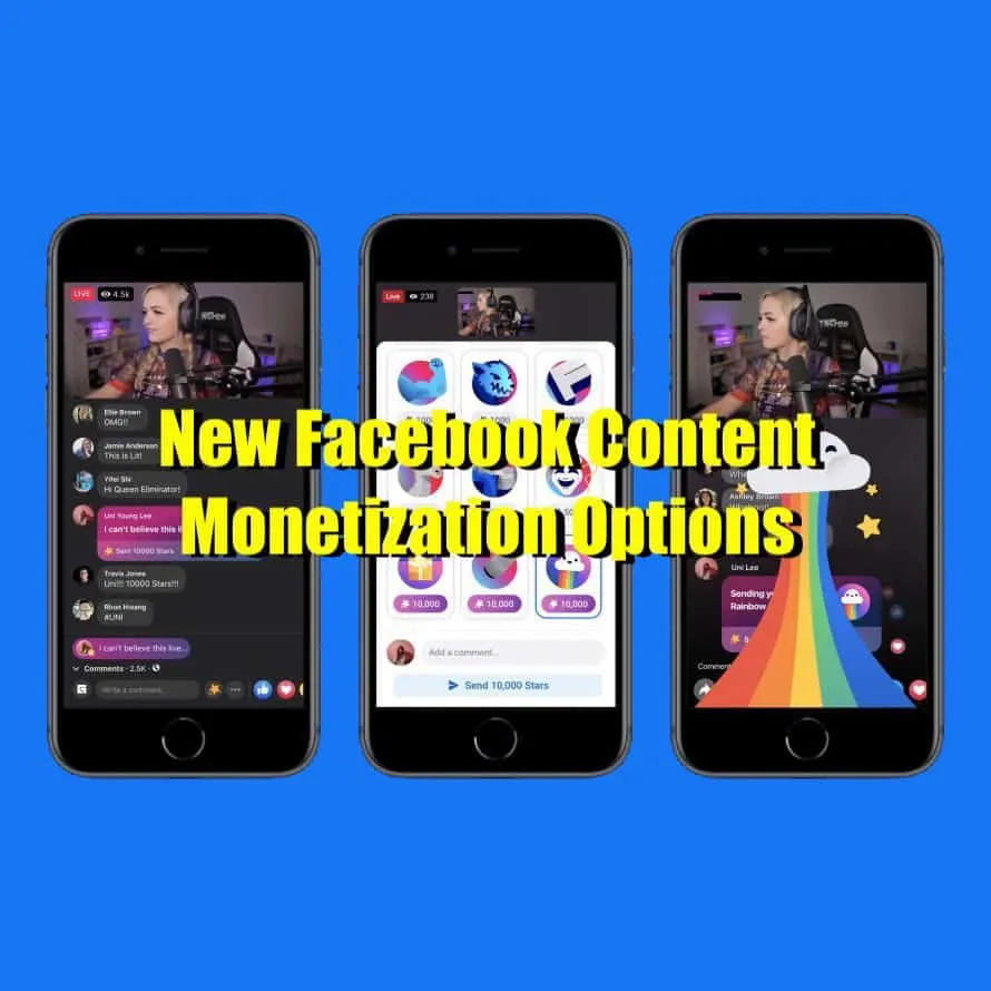 Live streaming content on Facebook with monetization options, featuring a gamer with headphones, interactive viewer engagemen