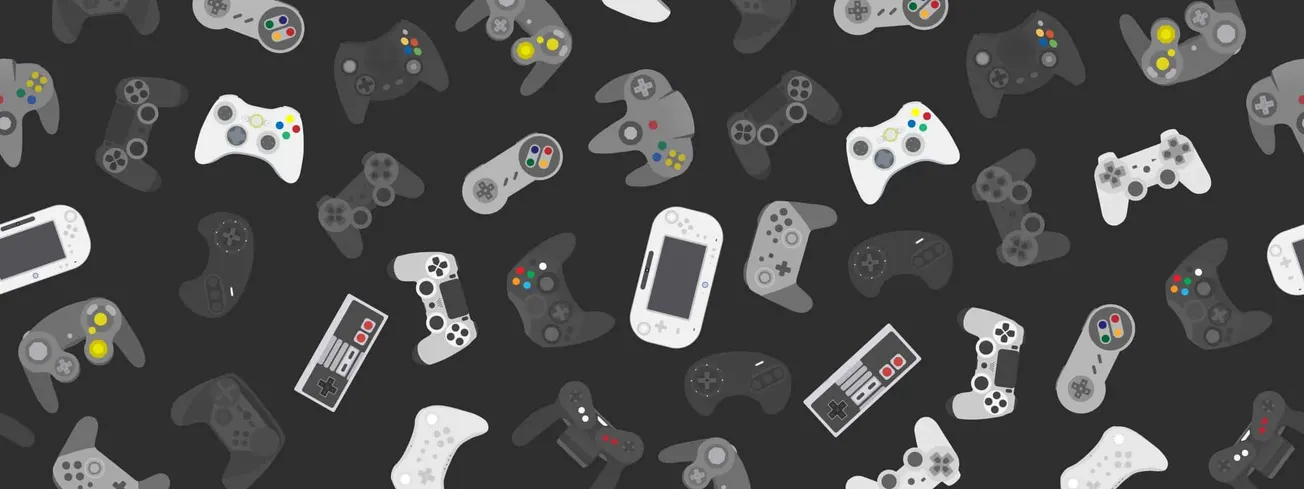 Vibrant gaming controllers and handheld consoles in various styles scattered on a dark background, highlighting video game in
