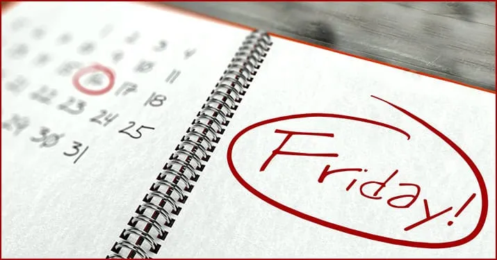 Friday written in a spiral-bound planner with the date circled, indicating the upcoming weekend or personal plans.