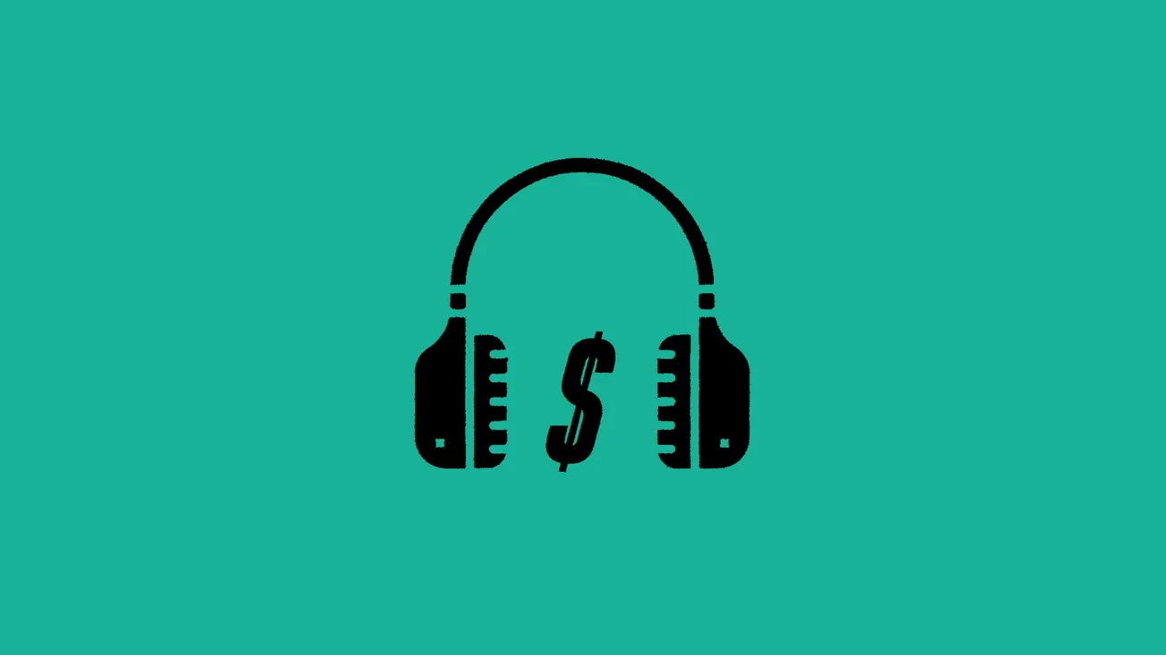 Headphones with dollar sign icon on teal background, representing music monetization, music industry, or financial aspects of