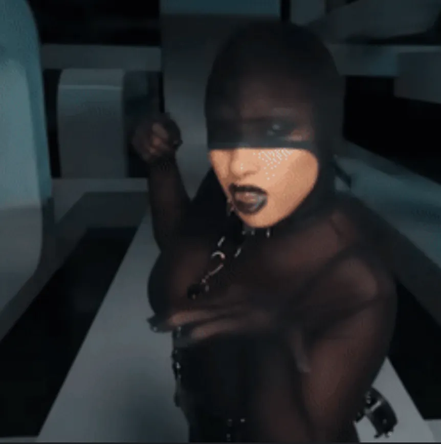 Hypebot, edgy digital artist with futuristic dark fashion and bold makeup, emphasizes music innovation and underground cultur