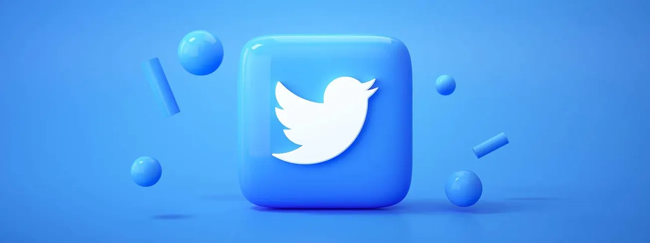 Blue Twitter app icon with floating abstract shapes, social media, digital marketing, and online communication concept.