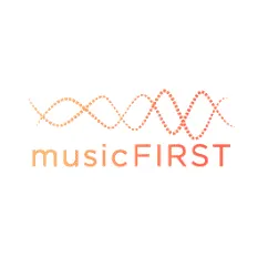 Unique logo design for musicFIRST organization, featuring interconnected waveforms in orange shades representing music and ad