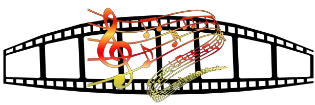 Music production and digital audio artwork featuring musical notes, a filmstrip border, and colorful abstract elements, repre