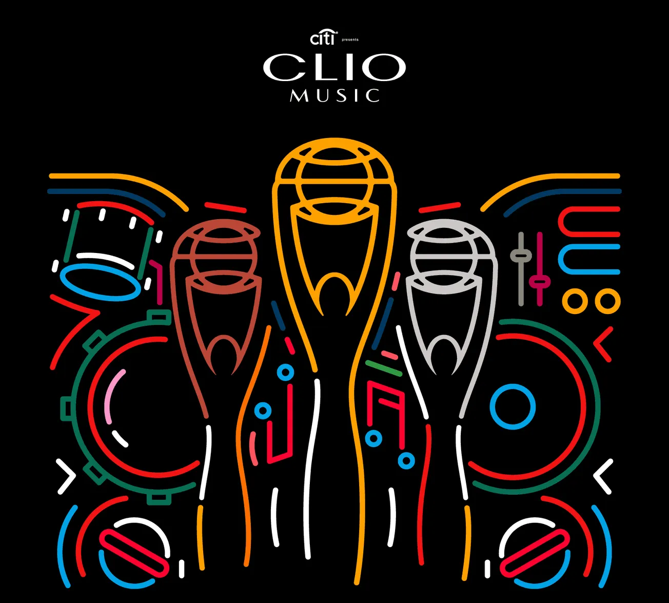 Neon-style concert microphones and audio equipment illustration for music industry and live event promotion.