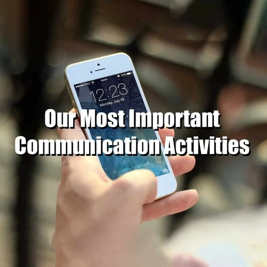 Smartphone holding a mobile device with the text "Our Most Important Communication Activities" over the screen, emphasizing d