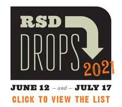 RSD Drops 2021 logo with June 12 to July 17 event dates, vinyl then digital music release information for record store day en