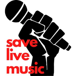 Microphone held by raised fist symbolizing support for live music and music industry activism.