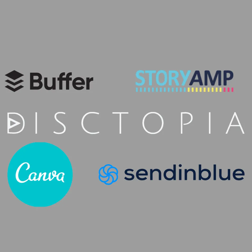 Buffer logo, Storyamp branding, Disctopia, Canva, and SendinBlue logos on grey background for digital marketing and music dis