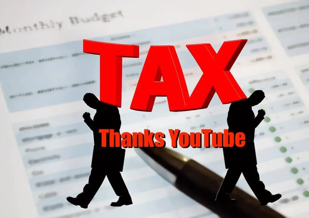 Tax payment concept with silhouettes of businesspeople, invoice, and pen, "Thanks YouTube" message for monetization or tax-re