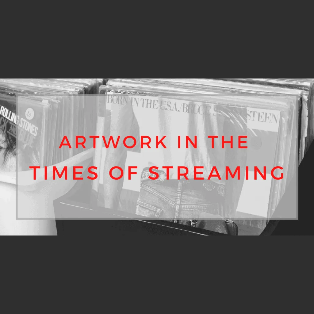 Vinyl records on a shelf with overlay text artwork in the times of streaming.