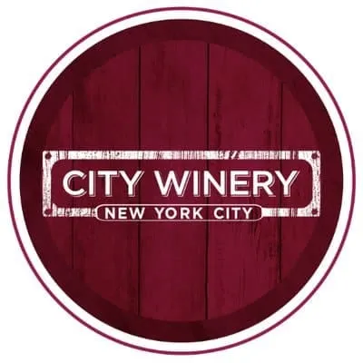 Elegant logo of City Winery New York City featuring a red wooden background and white text, representing a popular venue for