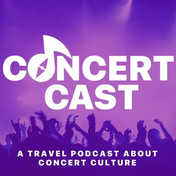 Concert cast logo with musical note and crowd silhouette, music podcast, concert culture, travel podcast about live music and