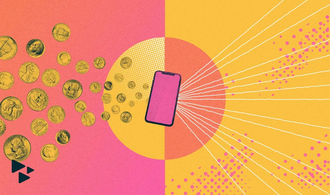 Coins flowing into a smartphone representing digital currency and cryptocurrency trends.