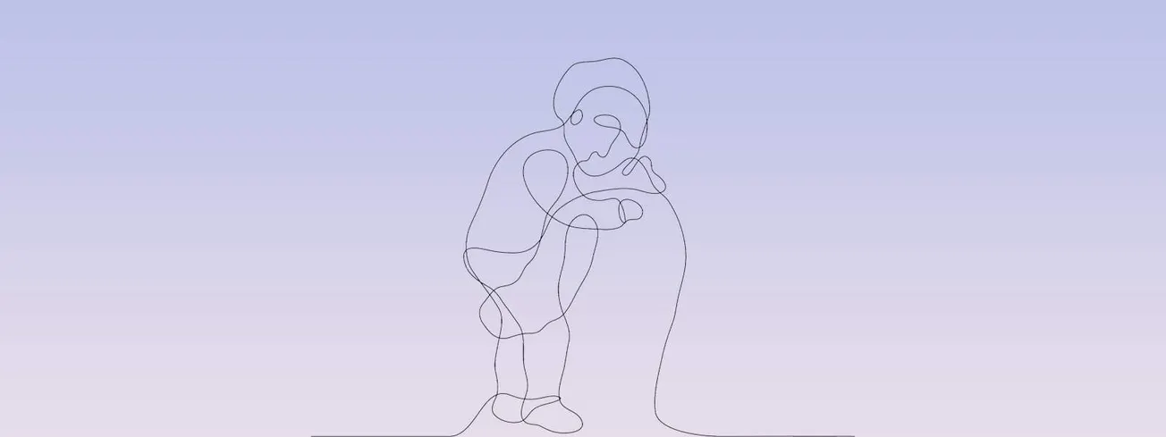 Single line art illustration of a parent hugging a child, emphasizing family love and emotional connection, ideal for music i