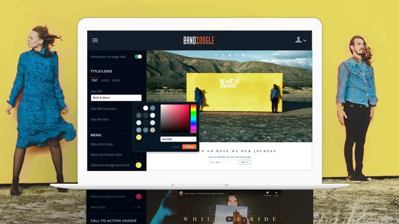 Bandzoogle website customization interface showcasing colorful site design options with a landscape background, emphasizing m