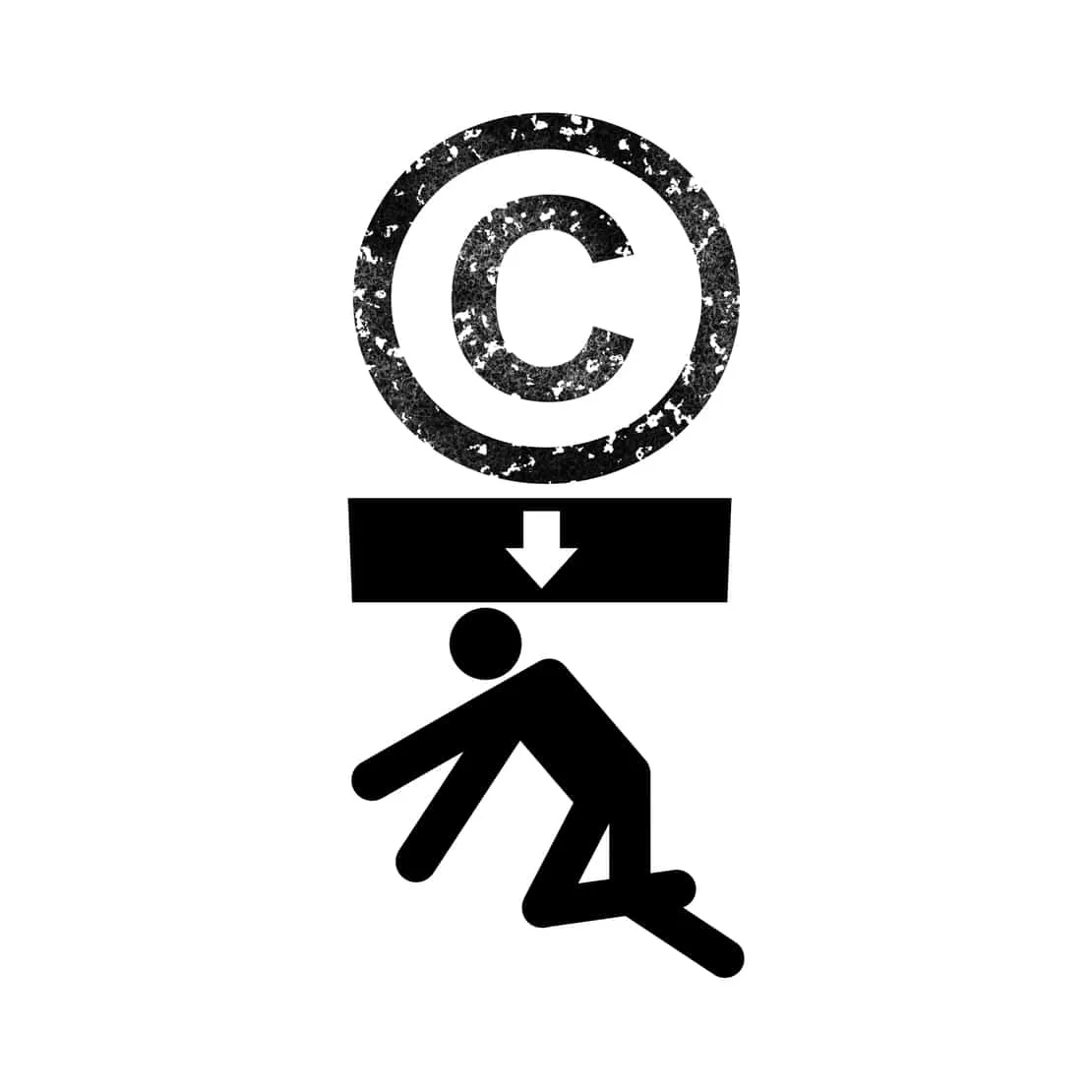 Empty copyright symbol with a downward arrow and a kneeling person icon, symbolizing copyright infringement or content copyri