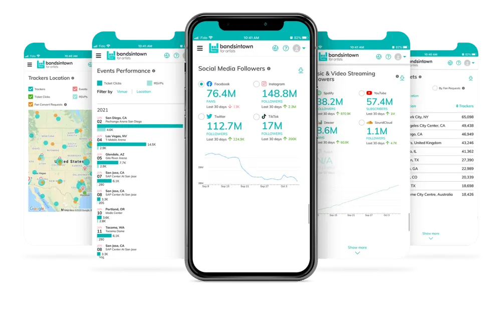 Bandsintown music event analytics mobile app interface for artists and performers.