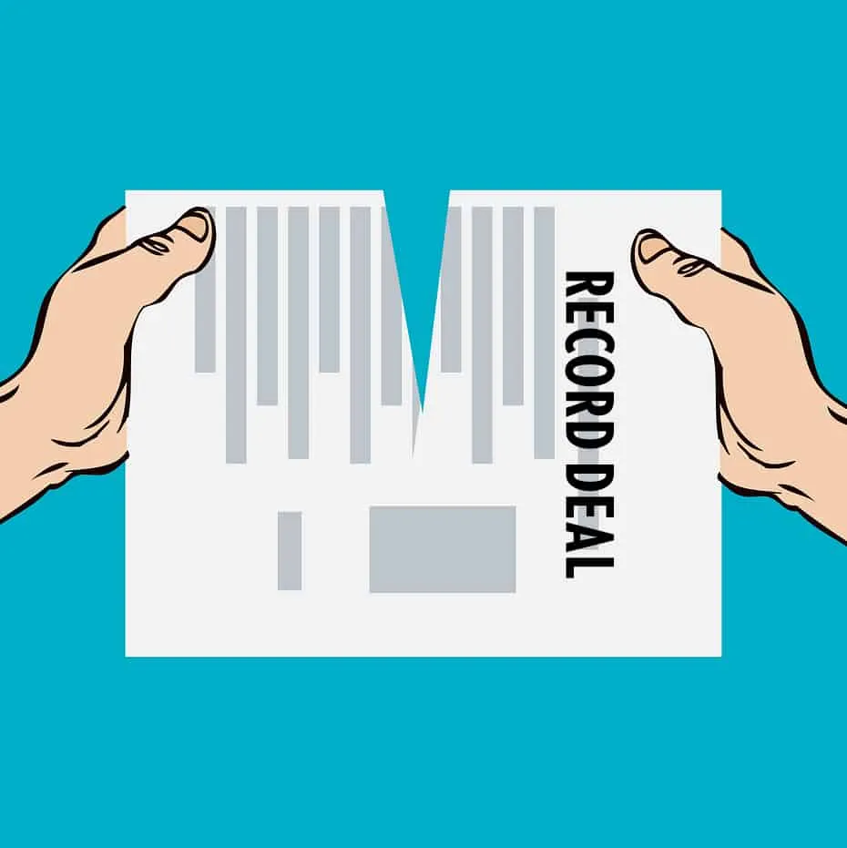 Barcode tearing paper with "RECORD DEAL" text, symbolizing music industry success and deal signing, digital music, entertainm