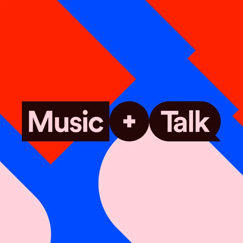 Music + talk icon with vibrant geometric background representing music industry conversations, artist discussions, and commun